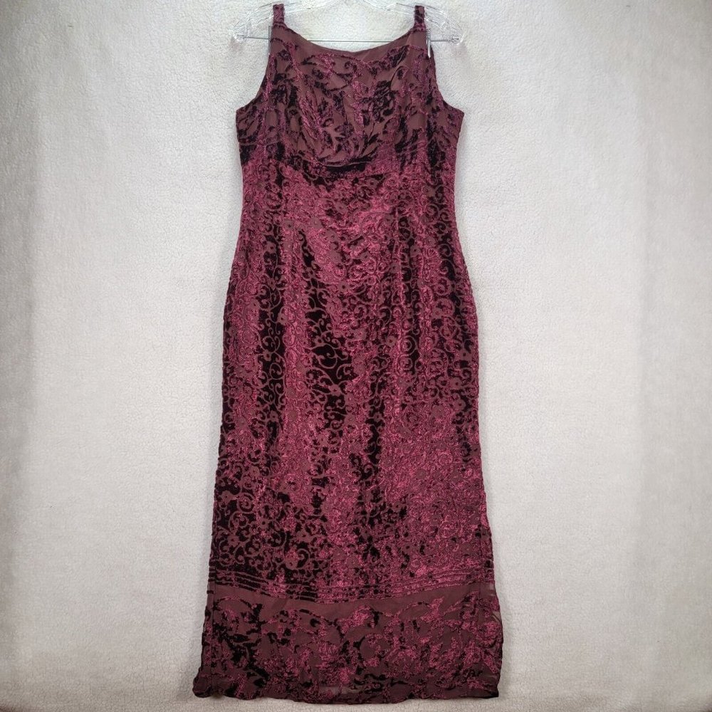 Vintage 90s Y2K Scott McClintock Burgundy Floral Burnout Evening Maxi Sheath